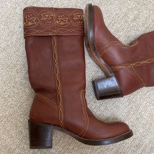 Frye boots, Campus Boots Gold Stitching Cognac Brown. Narrow in foot and calf.